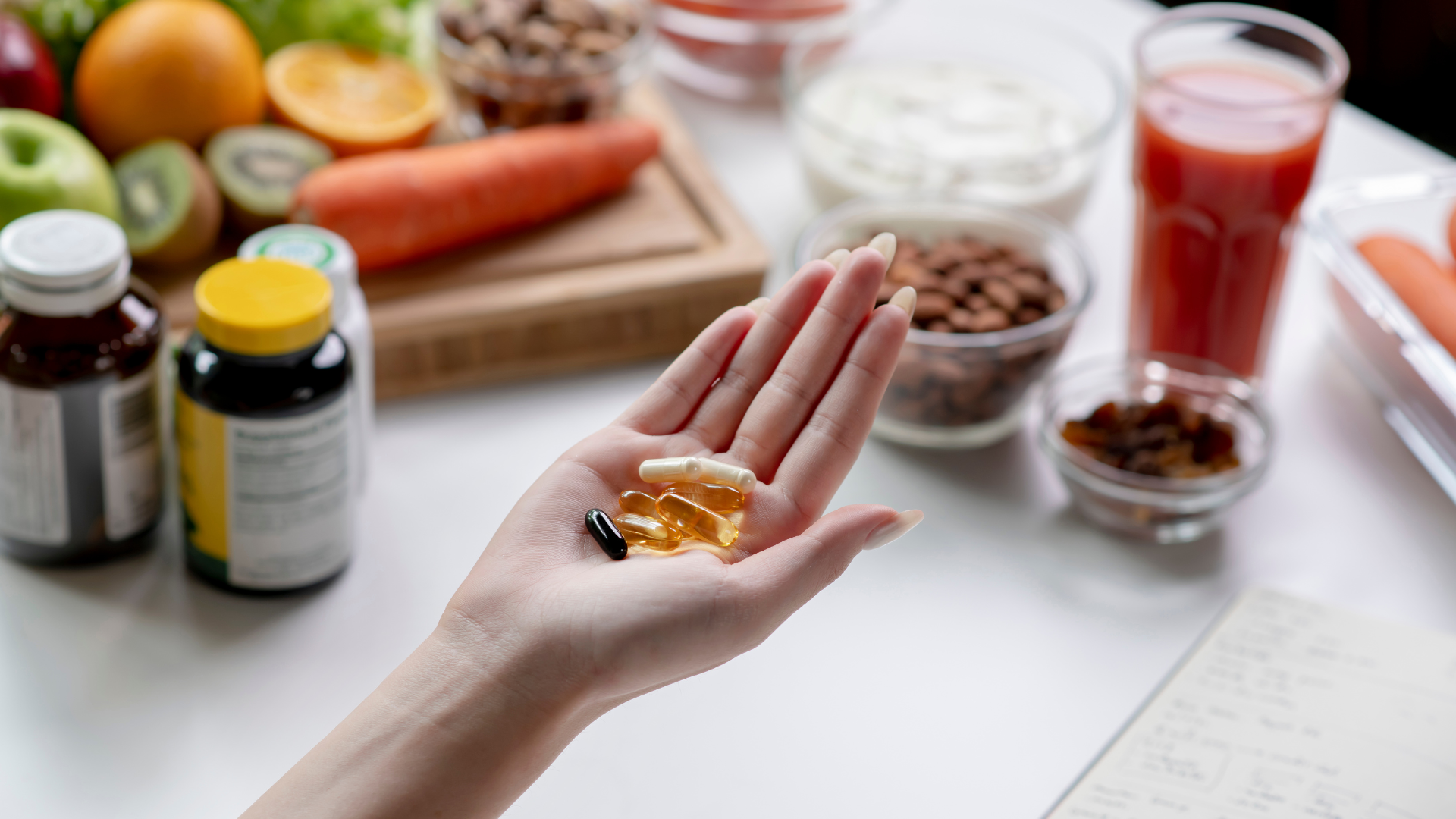 Farklı vitamin ve mineral simgelerini gösteren renkli küreler kapak görseli